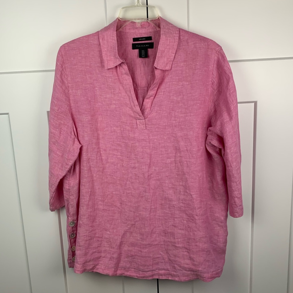 Talbots Pink Linen Split-Neck Tunic Top